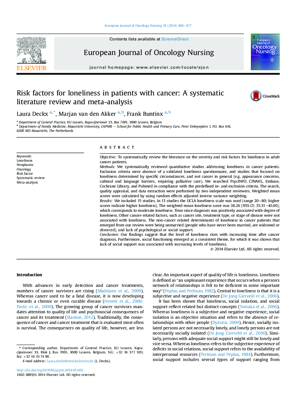 Risk factors for loneliness in patients with cancer: A systematic literature review and meta-analysis