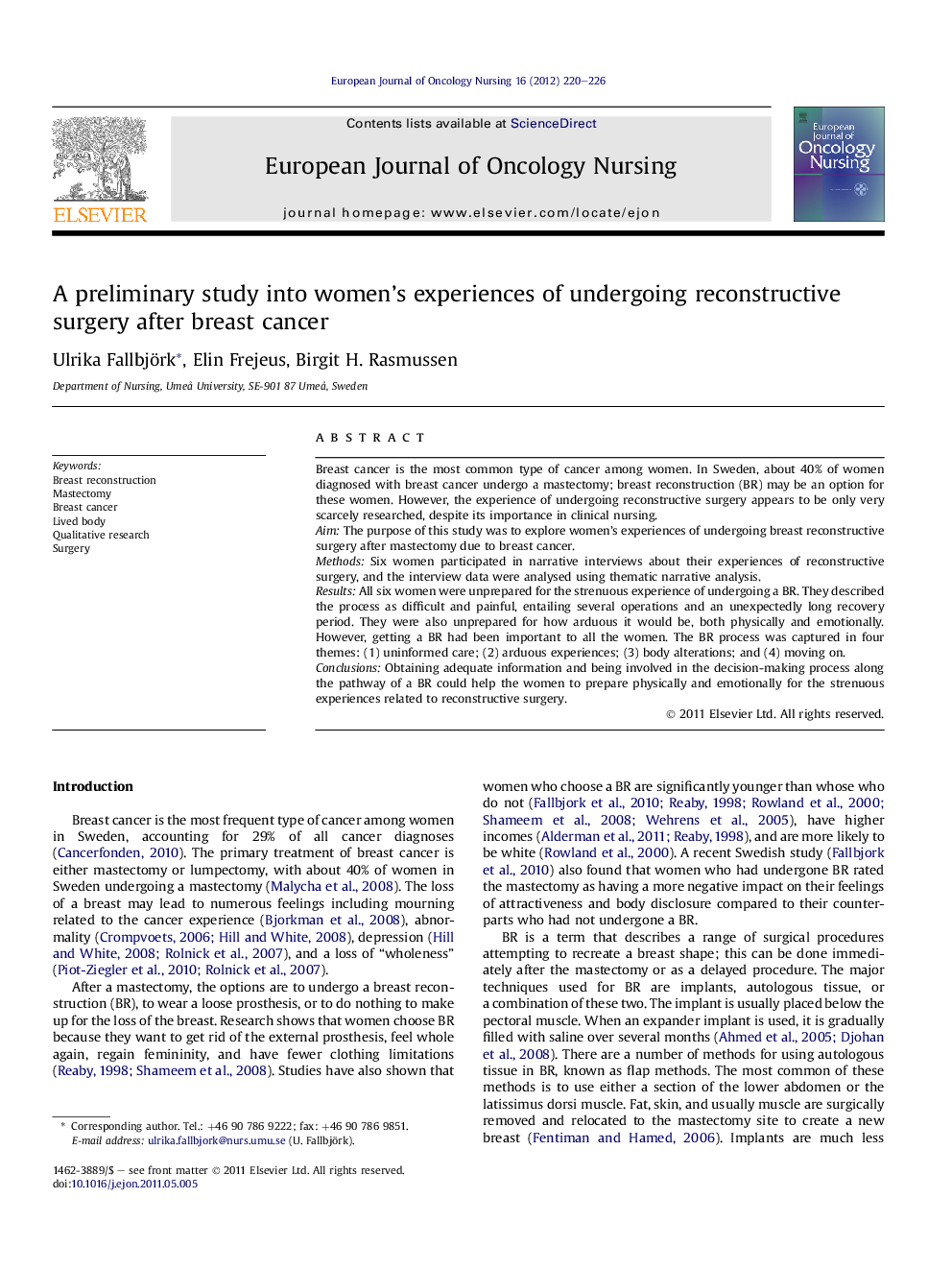 A preliminary study into women’s experiences of undergoing reconstructive surgery after breast cancer