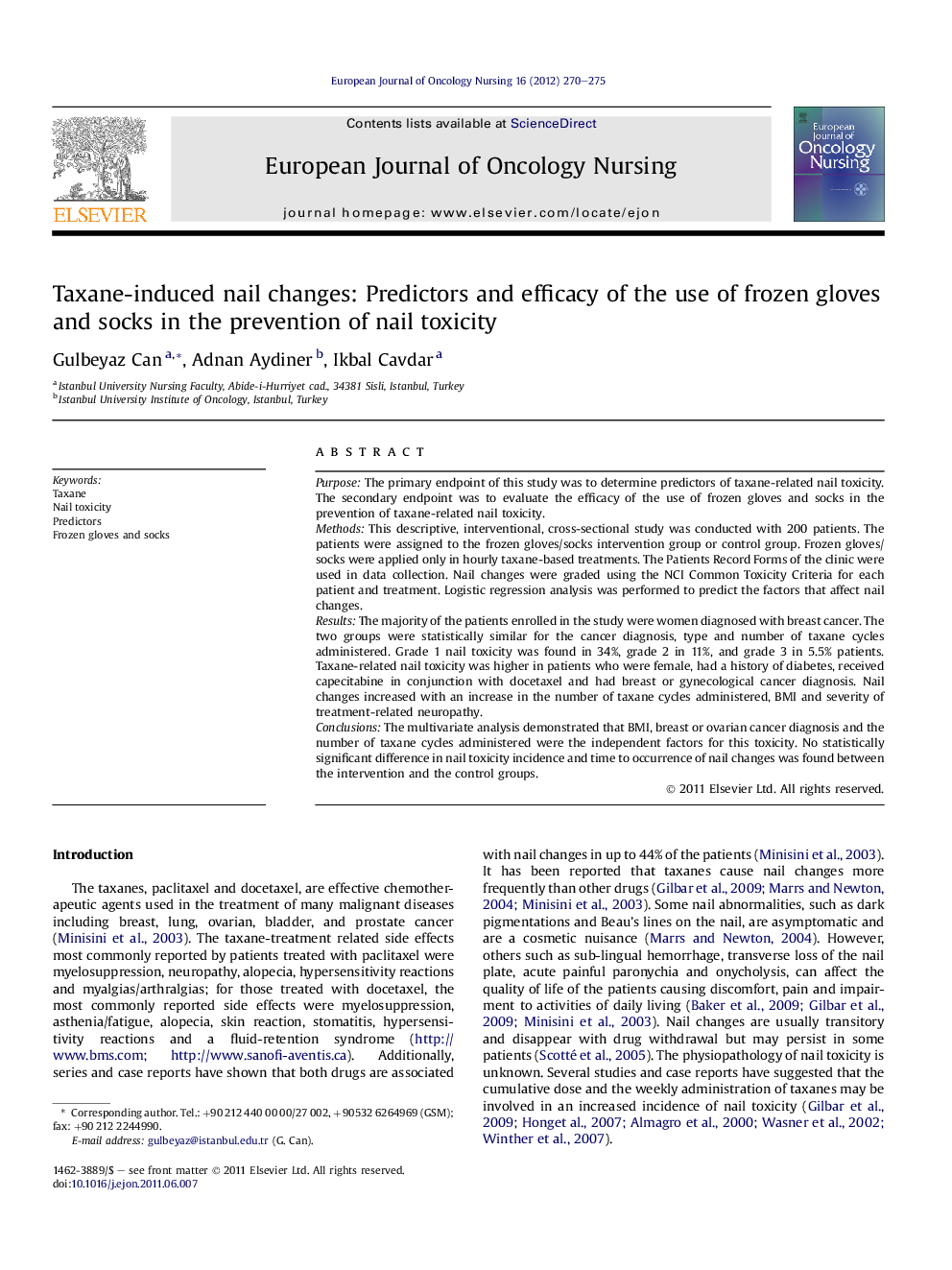 Taxane-induced nail changes: Predictors and efficacy of the use of frozen gloves and socks in the prevention of nail toxicity