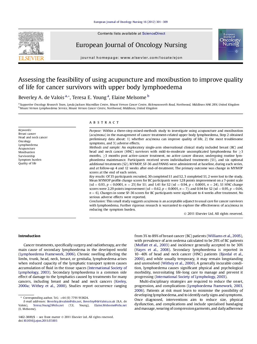 Assessing the feasibility of using acupuncture and moxibustion to improve quality of life for cancer survivors with upper body lymphoedema