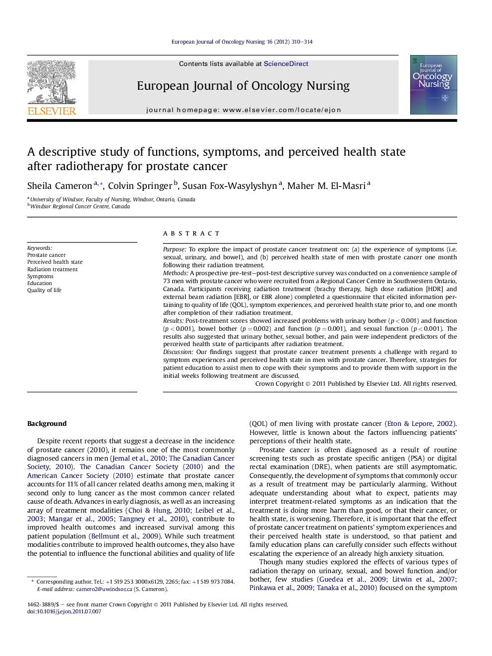 A descriptive study of functions, symptoms, and perceived health state after radiotherapy for prostate cancer