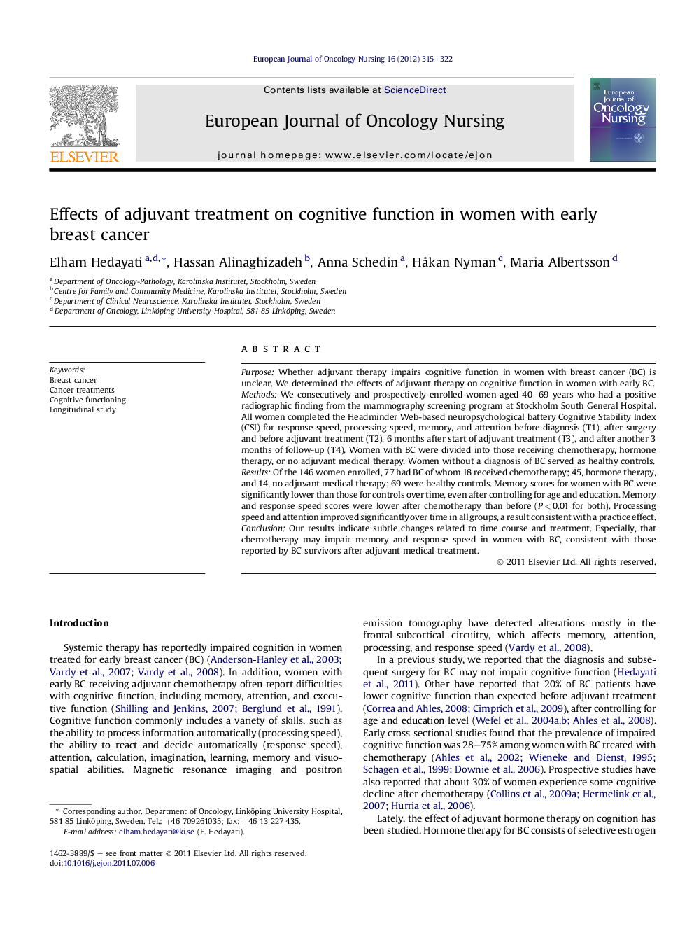 Effects of adjuvant treatment on cognitive function in women with early breast cancer