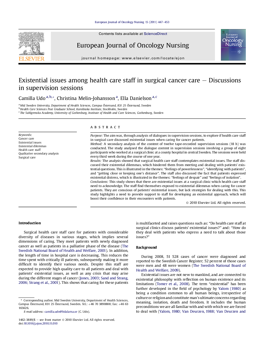 Existential issues among health care staff in surgical cancer care – Discussions in supervision sessions