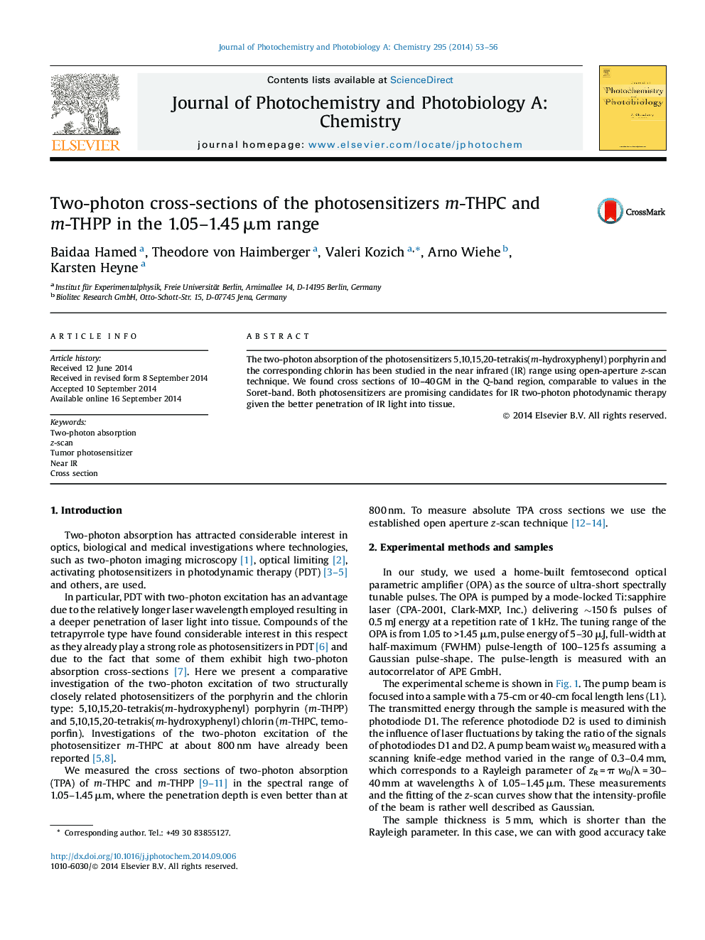 Two-photon cross-sections of the photosensitizers m-THPC and m-THPP in the 1.05–1.45 μm range