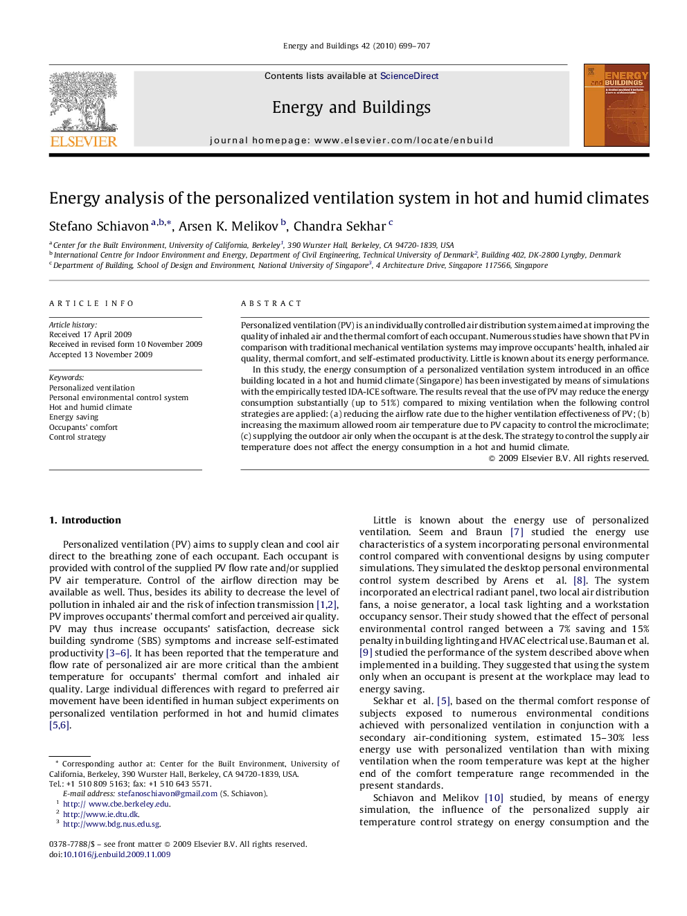 Energy analysis of the personalized ventilation system in hot and humid climates