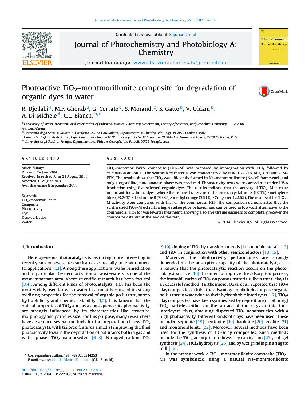 Photoactive TiO2–montmorillonite composite for degradation of organic dyes in water
