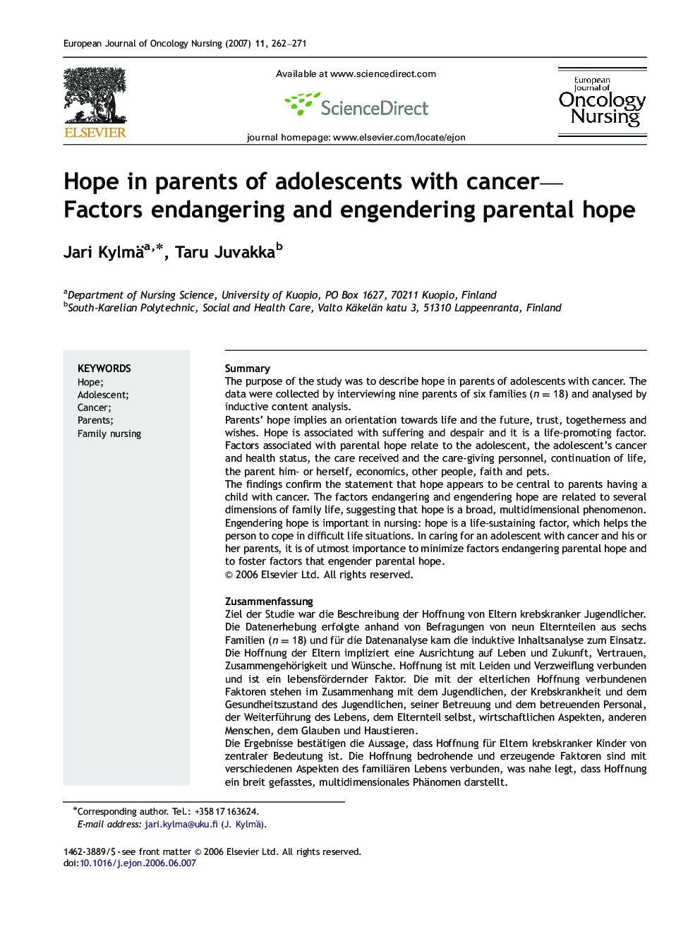 Hope in parents of adolescents with cancer—: Factors endangering and engendering parental hope