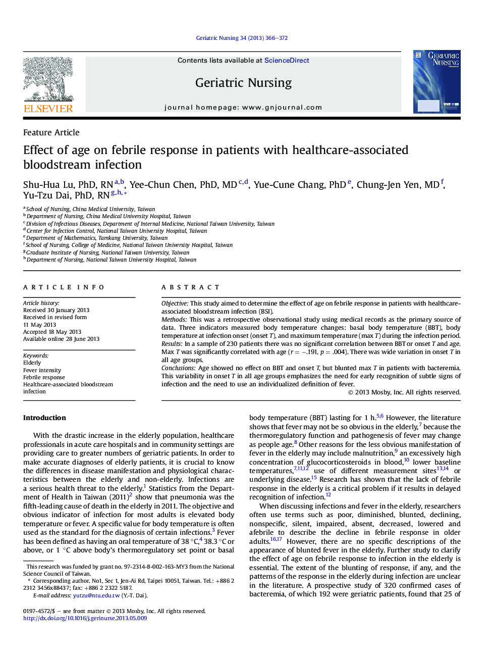 Effect of age on febrile response in patients with healthcare-associated bloodstream infection 