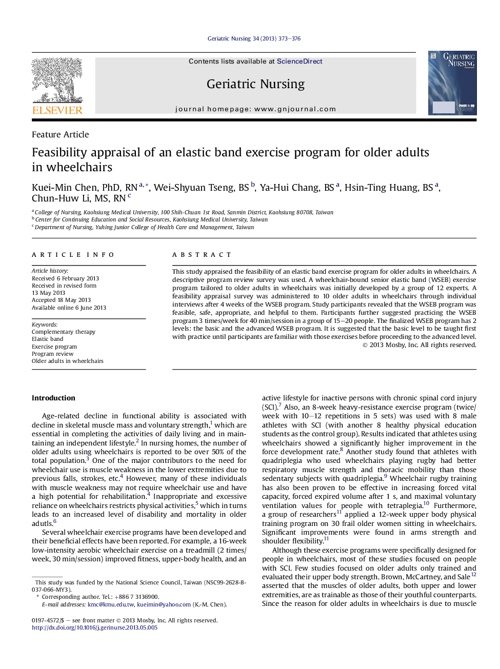 Feasibility appraisal of an elastic band exercise program for older adults in wheelchairs 