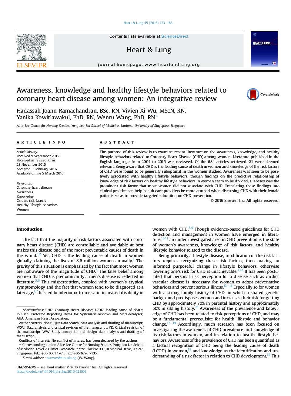 Awareness, knowledge and healthy lifestyle behaviors related to coronary heart disease among women: An integrative review 