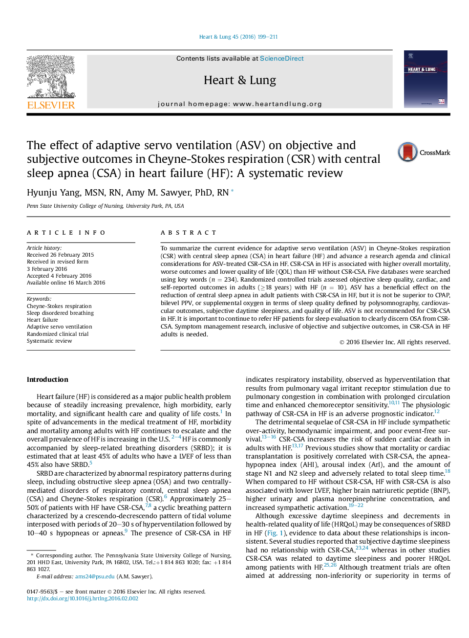 The effect of adaptive servo ventilation (ASV) on objective and subjective outcomes in Cheyne-Stokes respiration (CSR) with central sleep apnea (CSA) in heart failure (HF): A systematic review