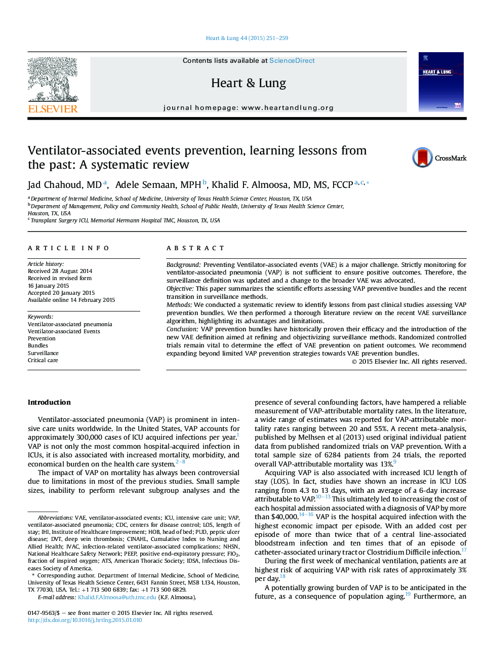 Ventilator-associated events prevention, learning lessons from the past: A systematic review