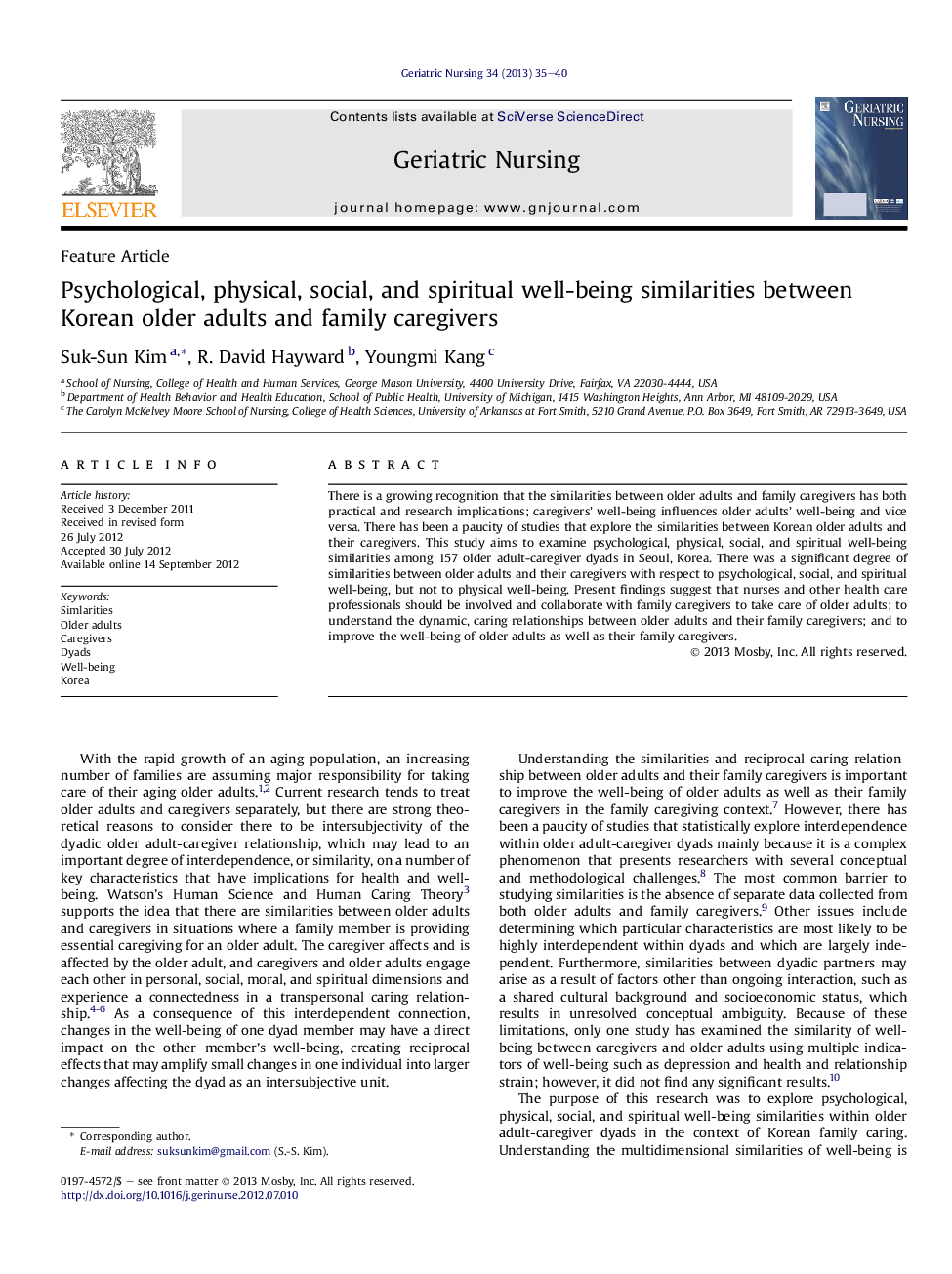 Psychological, physical, social, and spiritual well-being similarities between Korean older adults and family caregivers