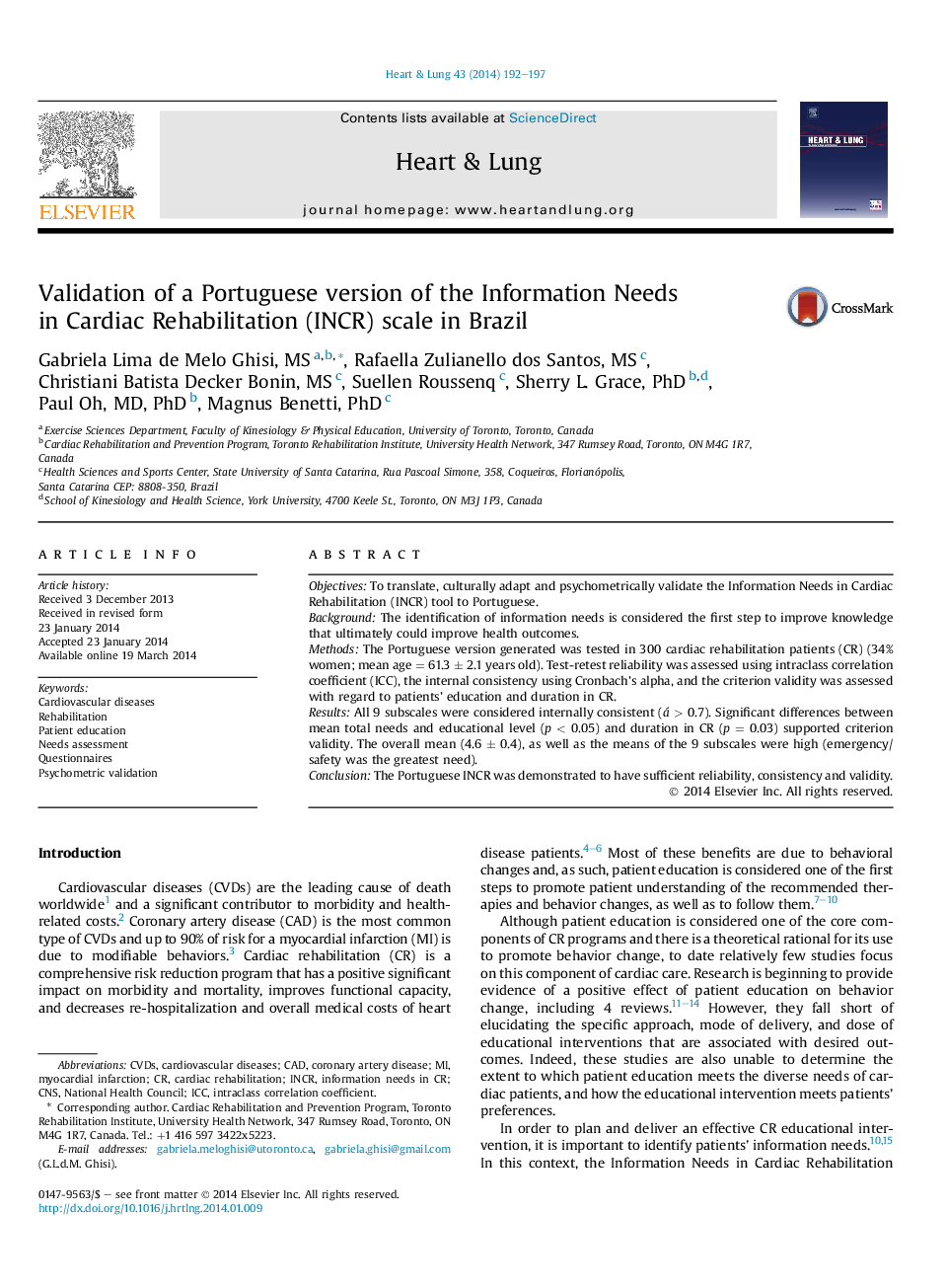 Validation of a Portuguese version of the Information Needs in Cardiac Rehabilitation (INCR) scale in Brazil