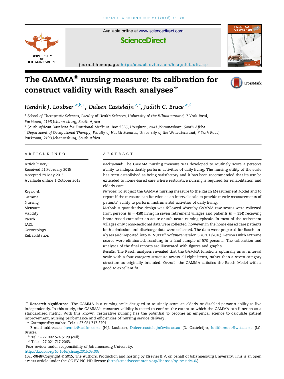 The GAMMA® nursing measure: Its calibration for construct validity with Rasch analyses 