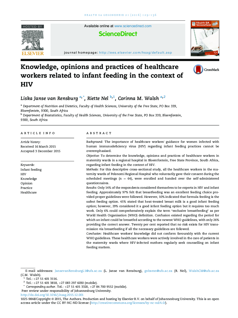 Knowledge, opinions and practices of healthcare workers related to infant feeding in the context of HIV 