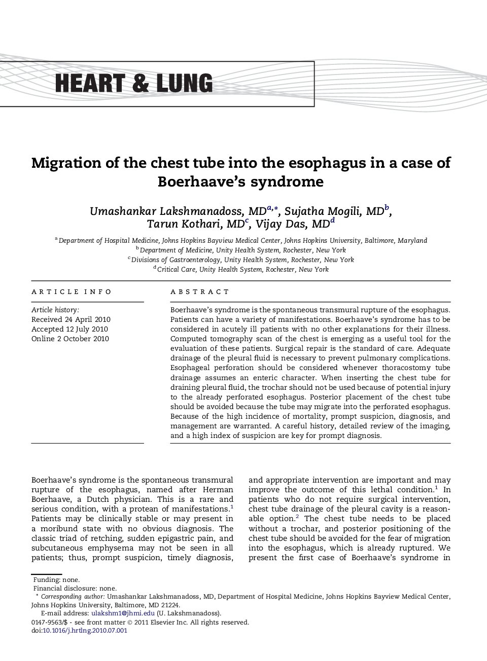 Migration of the chest tube into the esophagus in a case of Boerhaave’s syndrome 