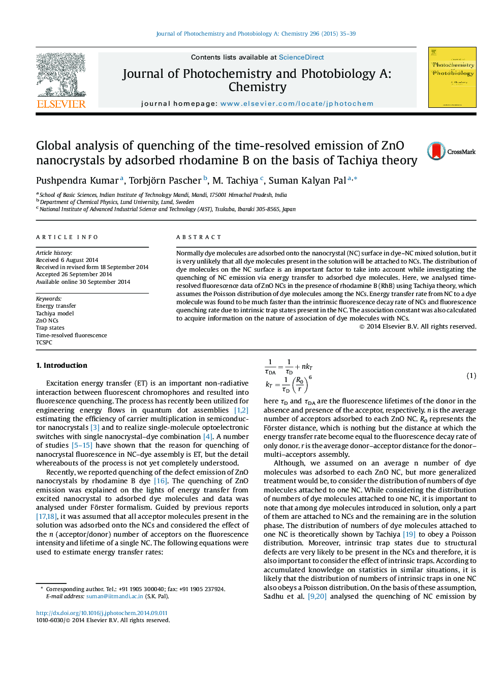 Global analysis of quenching of the time-resolved emission of ZnO nanocrystals by adsorbed rhodamine B on the basis of Tachiya theory