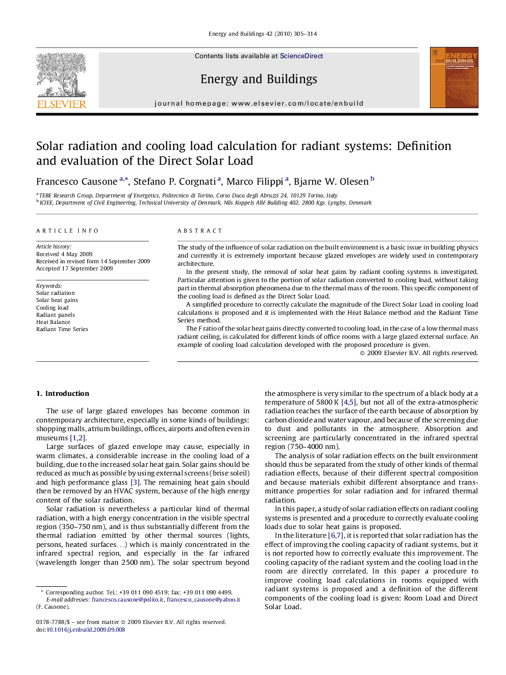 Solar radiation and cooling load calculation for radiant systems: Definition and evaluation of the Direct Solar Load