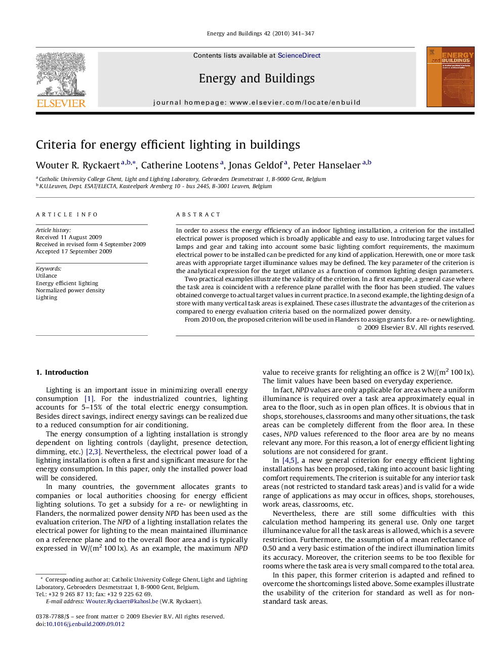 Criteria for energy efficient lighting in buildings