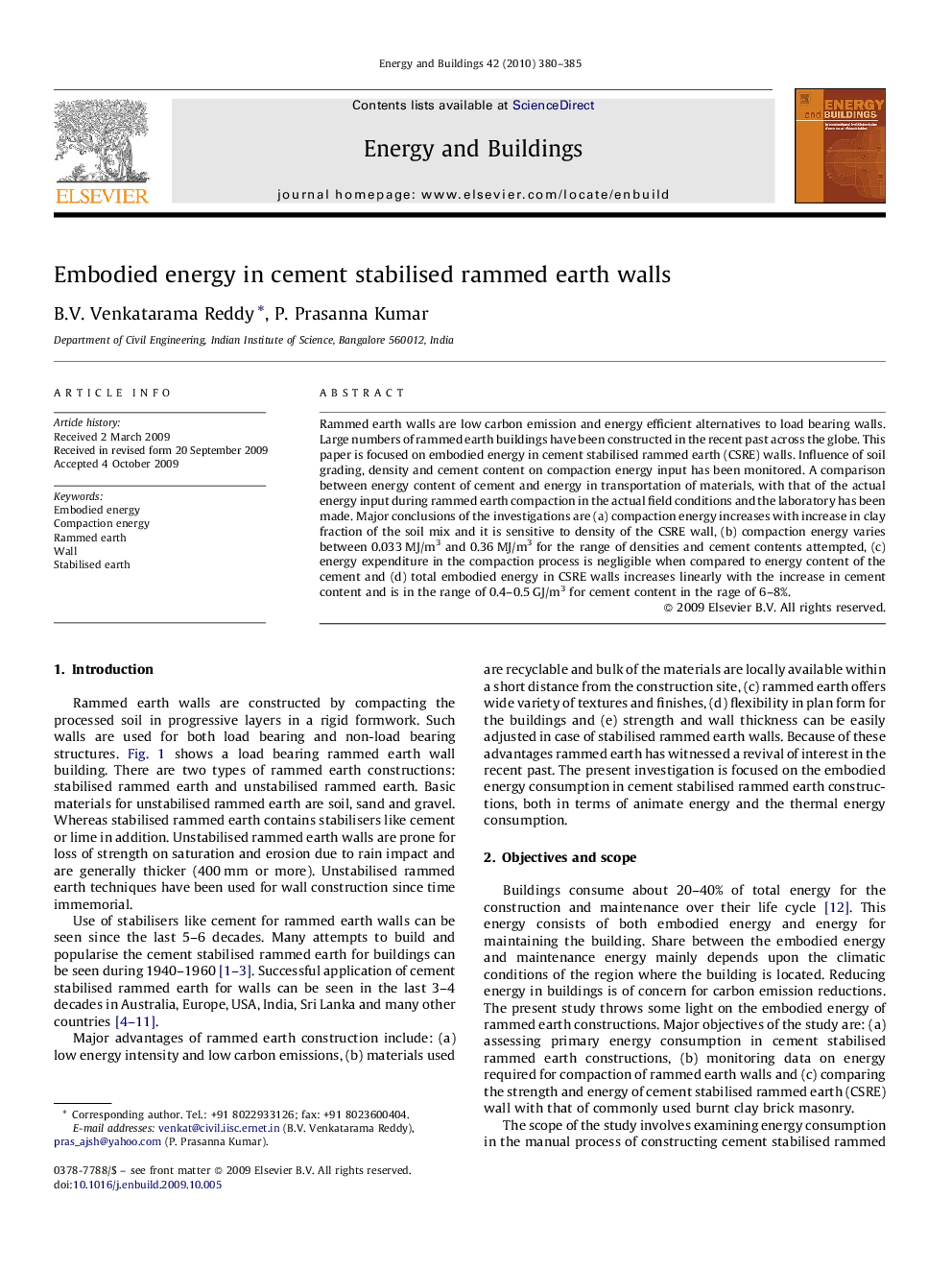 Embodied energy in cement stabilised rammed earth walls