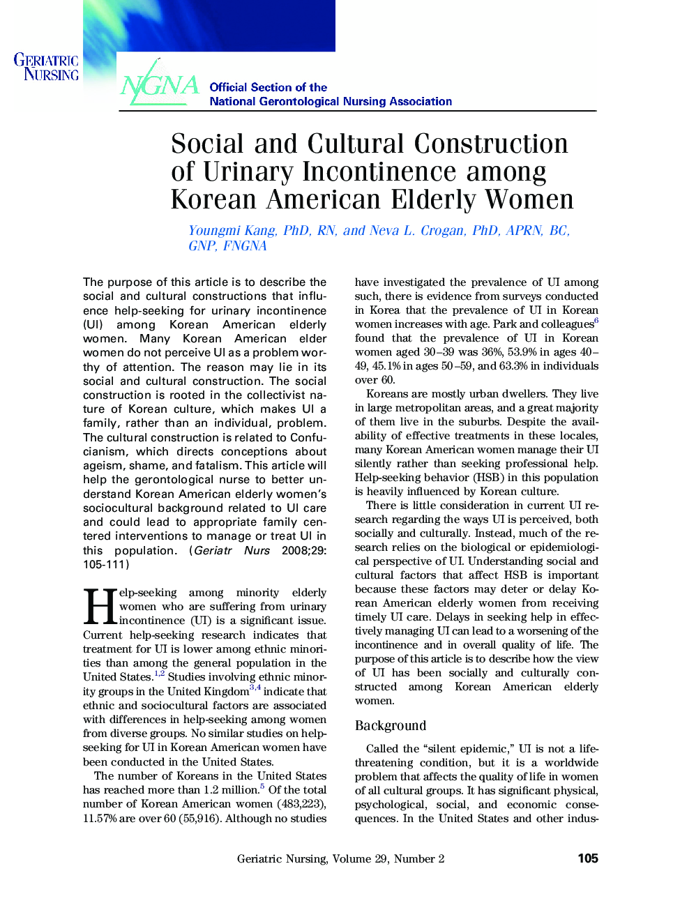 Social and Cultural Construction of Urinary Incontinence among Korean American Elderly Women