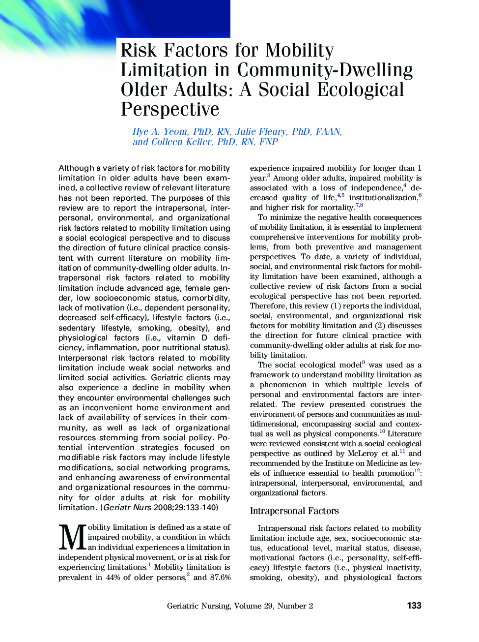 Risk Factors for Mobility Limitation in Community-Dwelling Older Adults: A Social Ecological Perspective