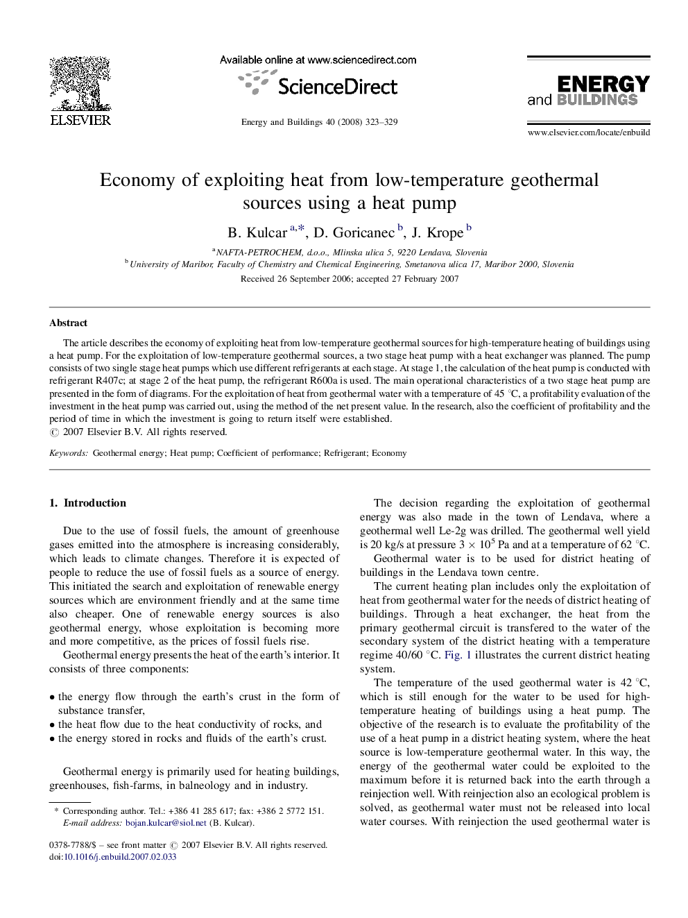 Economy of exploiting heat from low-temperature geothermal sources using a heat pump