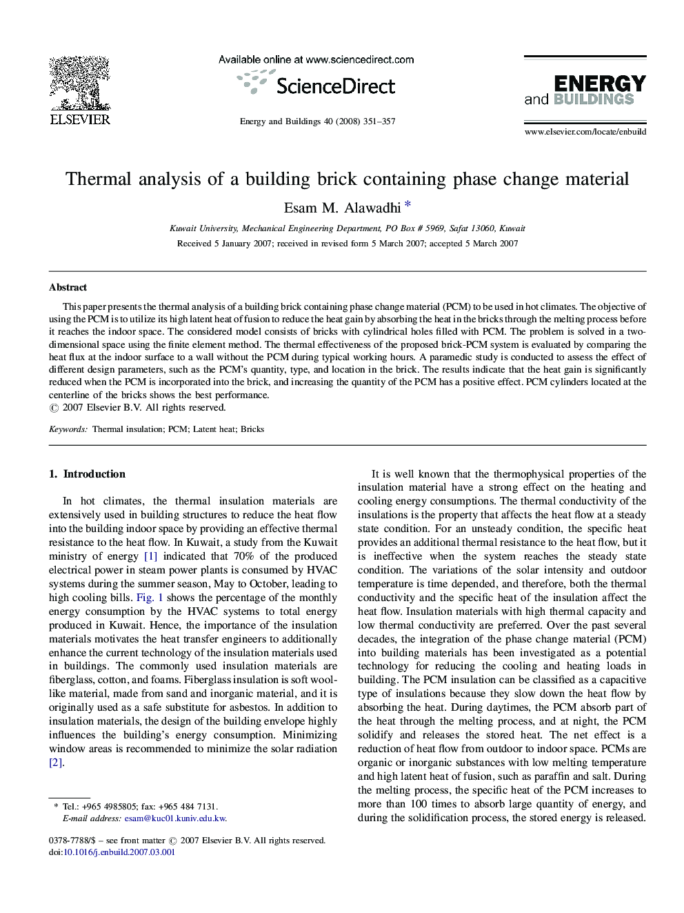 Thermal analysis of a building brick containing phase change material