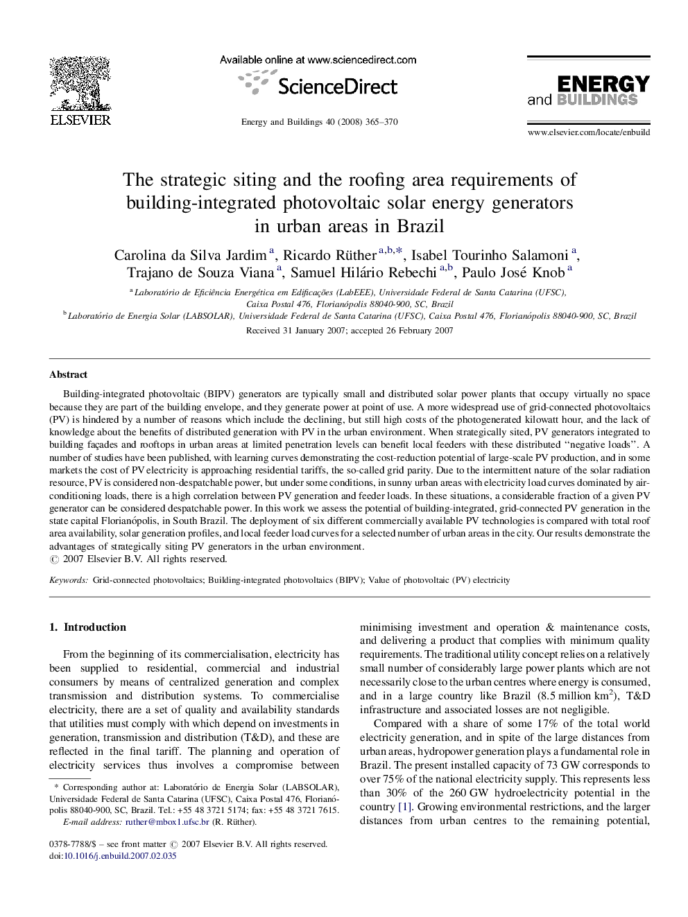 The strategic siting and the roofing area requirements of building-integrated photovoltaic solar energy generators in urban areas in Brazil