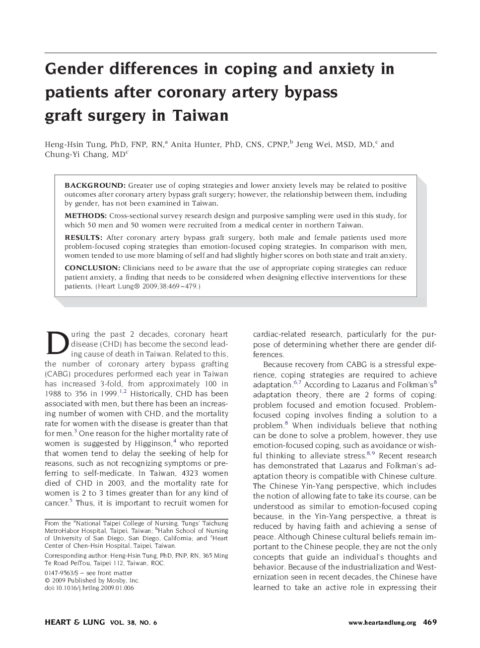 Gender differences in coping and anxiety in patients after coronary artery bypass graft surgery in Taiwan