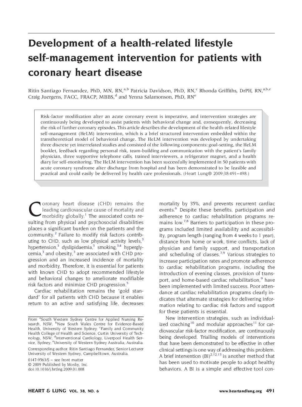 Development of a health-related lifestyle self-management intervention for patients with coronary heart disease