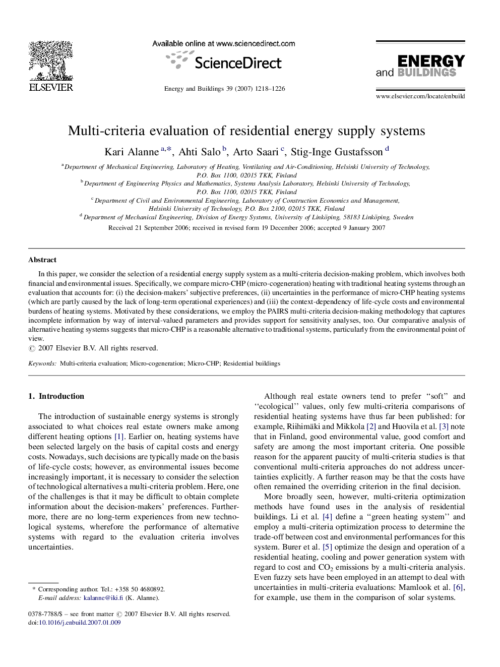 Multi-criteria evaluation of residential energy supply systems