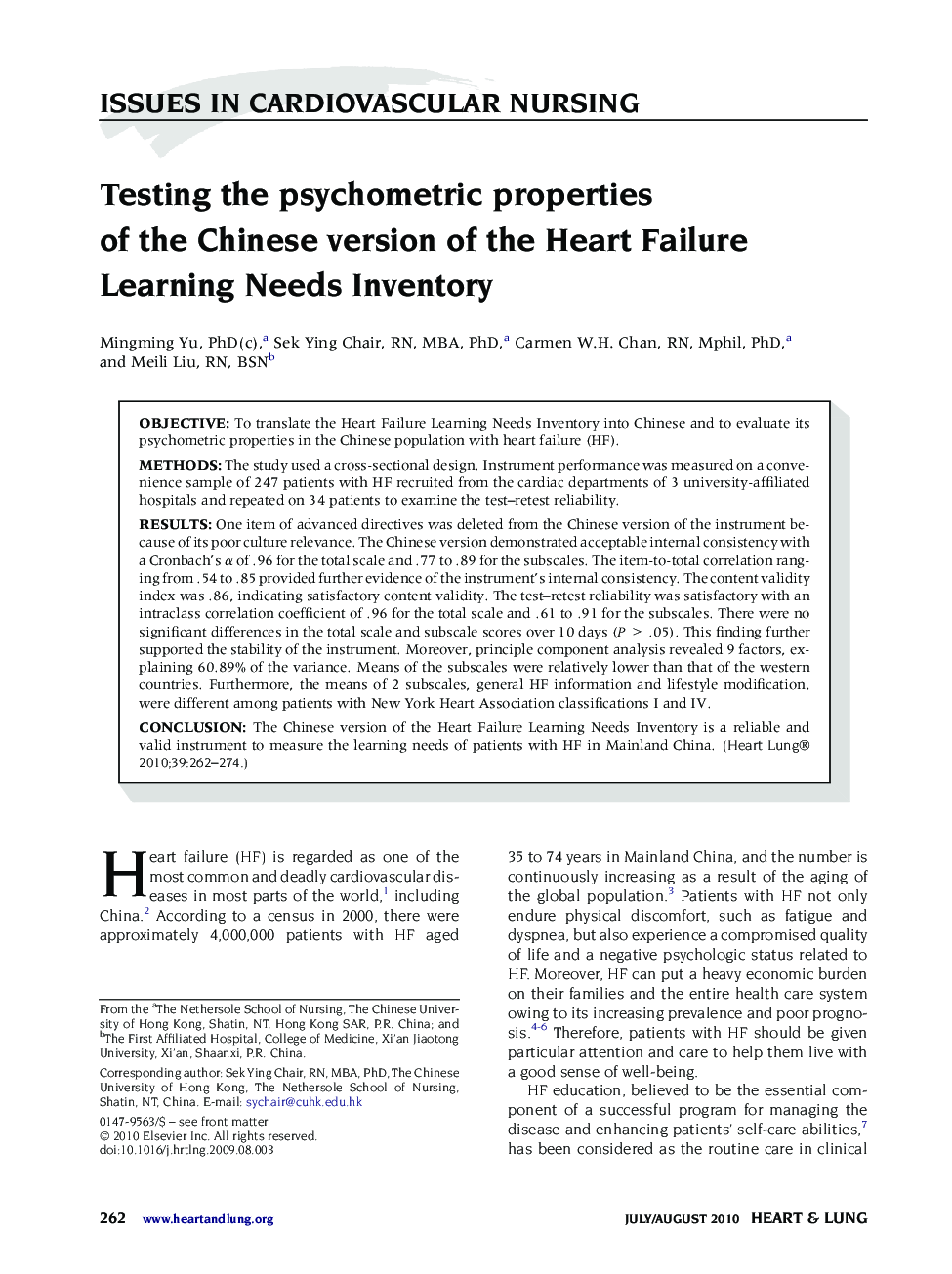 Testing the psychometric properties of the Chinese version of the Heart Failure Learning Needs Inventory