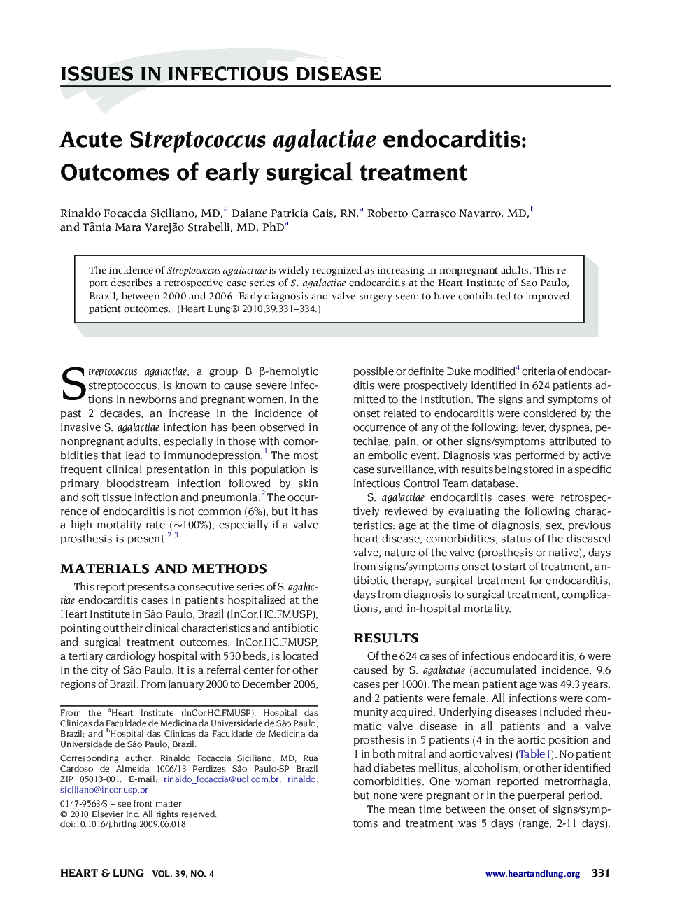 Acute Streptococcus agalactiae endocarditis: Outcomes of early surgical treatment