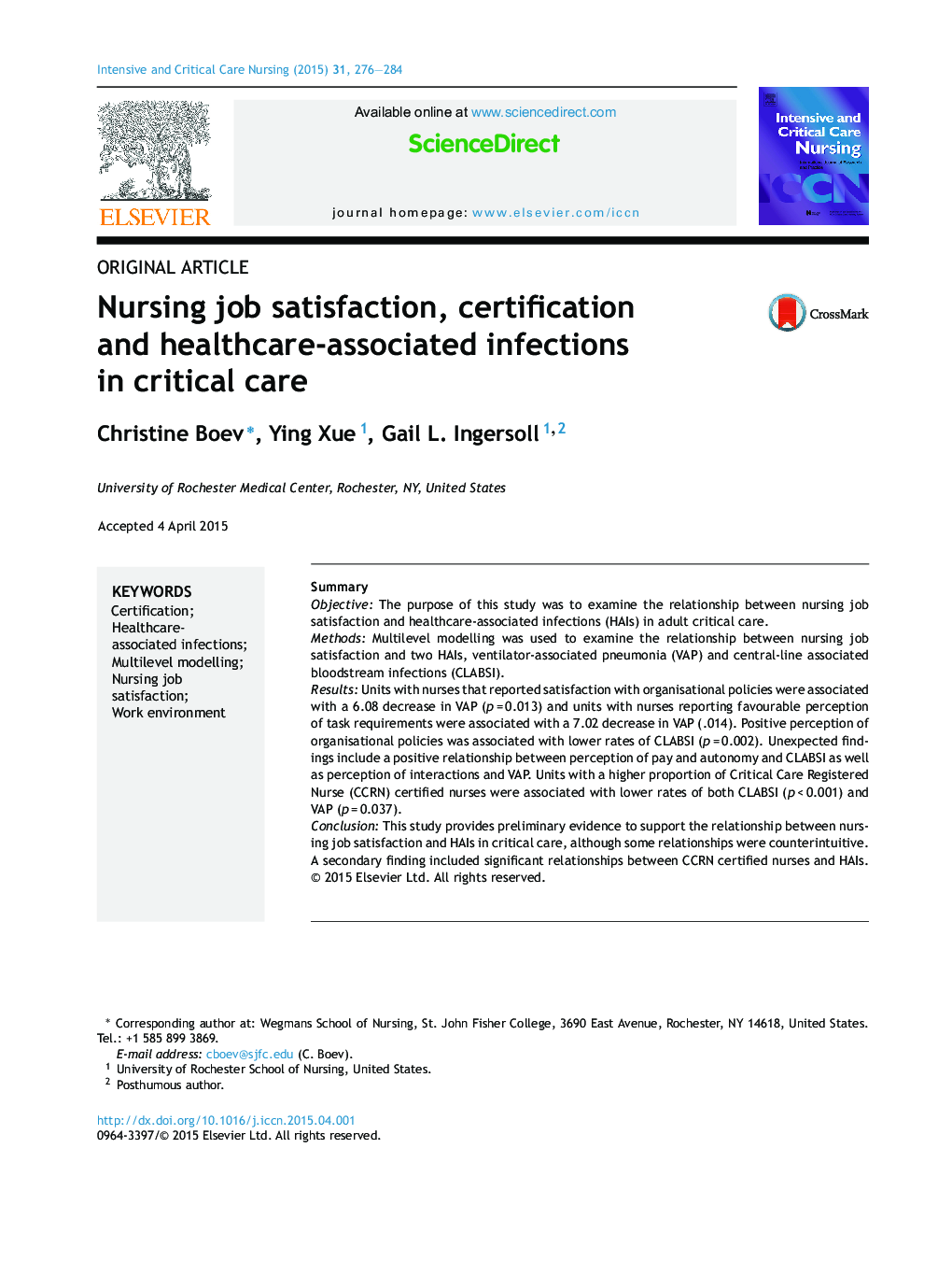 Nursing job satisfaction, certification and healthcare-associated infections in critical care
