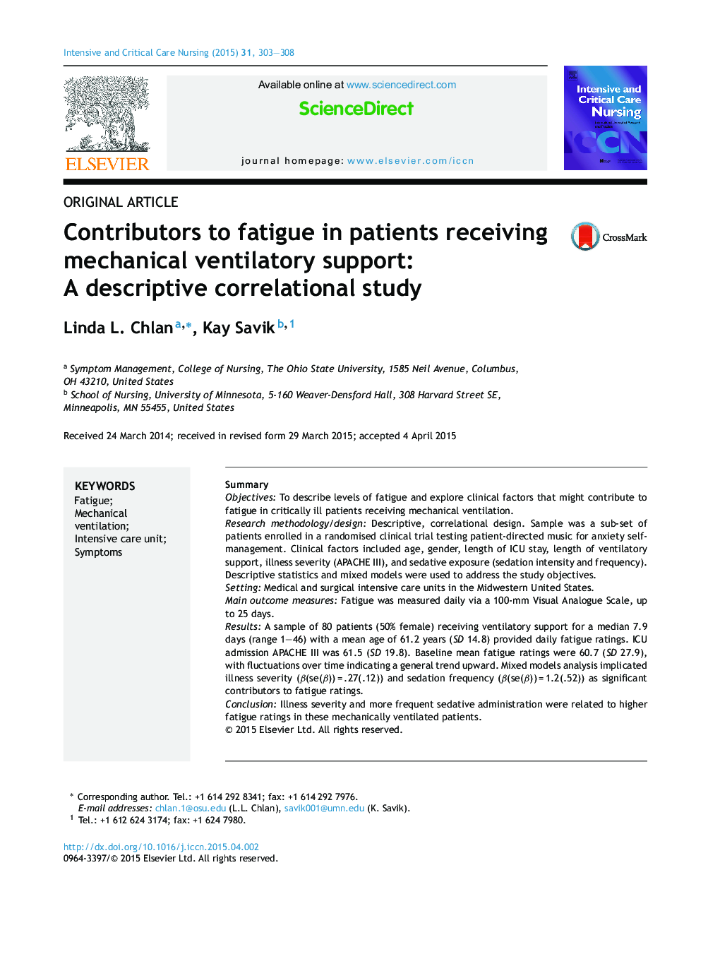 Contributors to fatigue in patients receiving mechanical ventilatory support: A descriptive correlational study