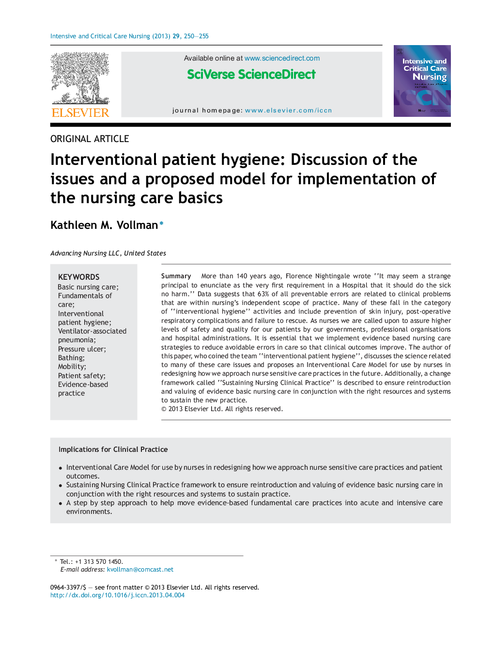 Interventional patient hygiene: Discussion of the issues and a proposed model for implementation of the nursing care basics