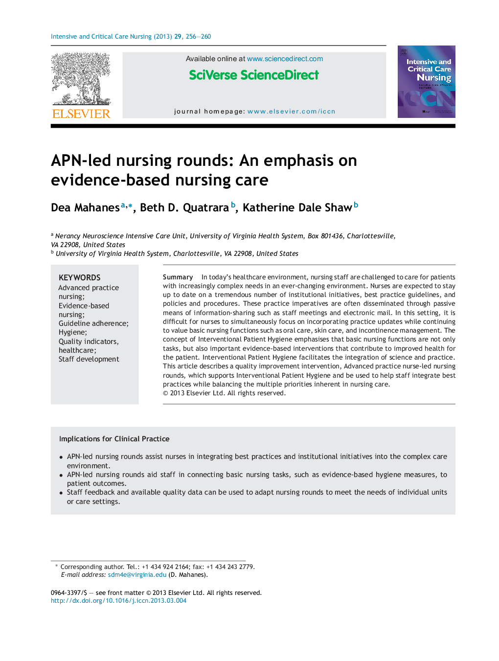 APN-led nursing rounds: An emphasis on evidence-based nursing care