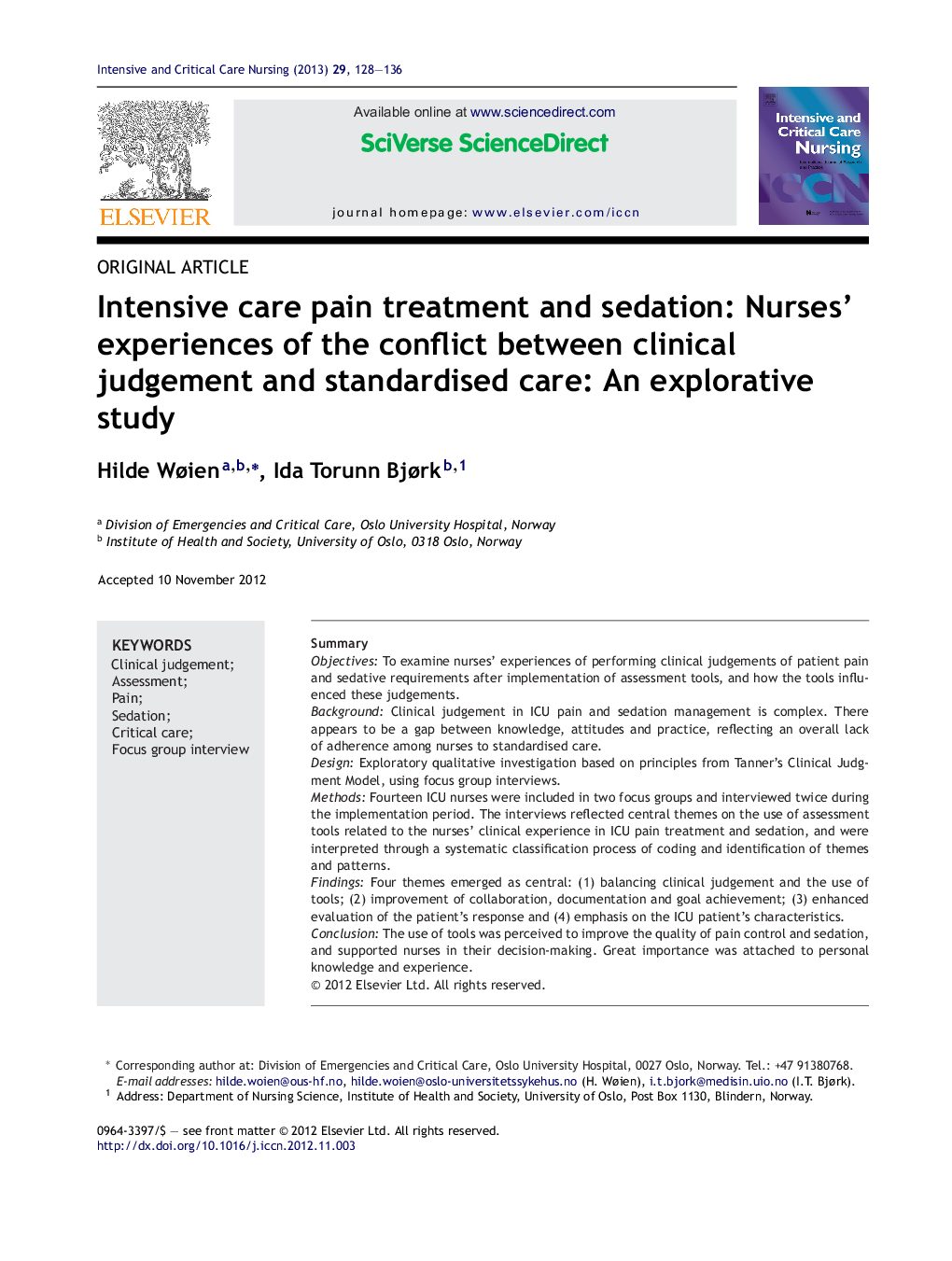 Intensive care pain treatment and sedation: Nurses’ experiences of the conflict between clinical judgement and standardised care: An explorative study