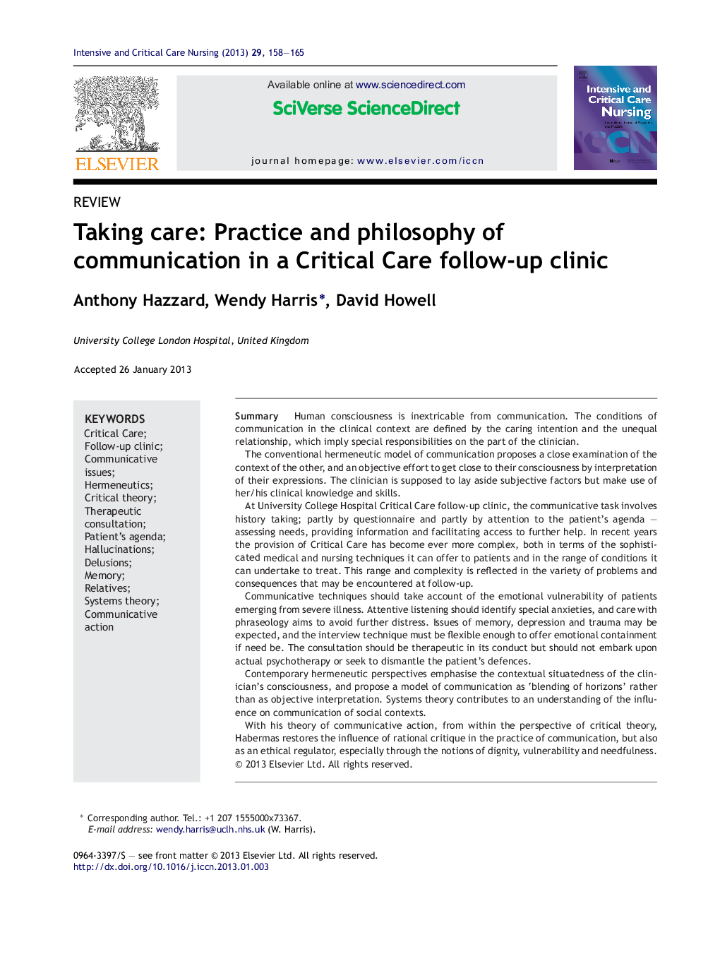 Taking care: Practice and philosophy of communication in a Critical Care follow-up clinic