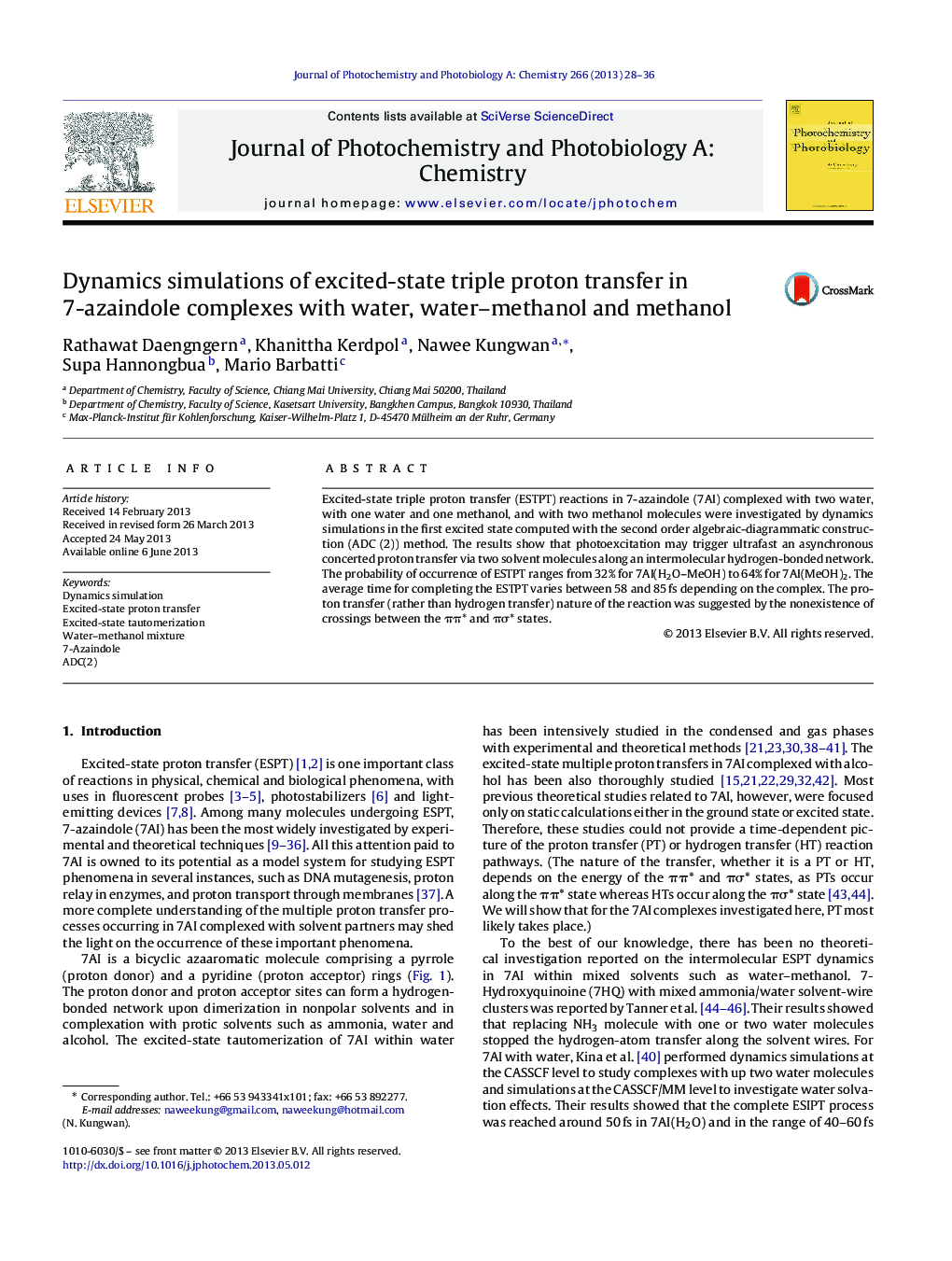 Dynamics simulations of excited-state triple proton transfer in 7-azaindole complexes with water, water–methanol and methanol