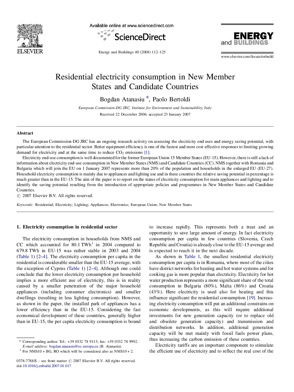 Residential electricity consumption in New Member States and Candidate Countries