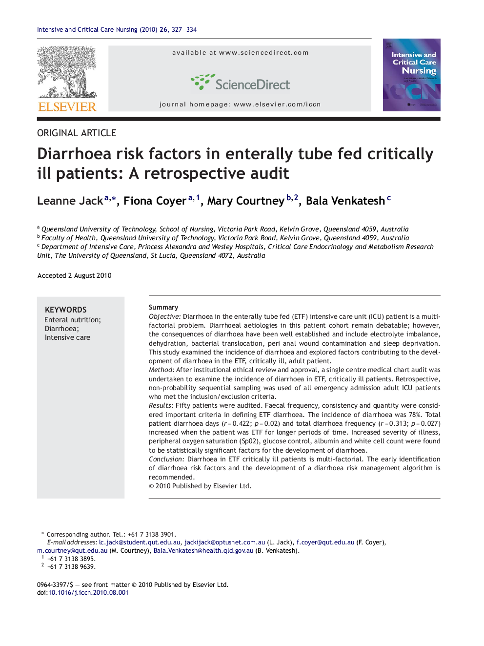 Diarrhoea risk factors in enterally tube fed critically ill patients: A retrospective audit