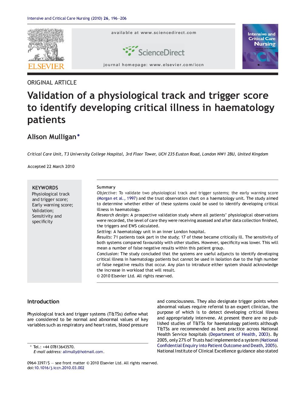 Validation of a physiological track and trigger score to identify developing critical illness in haematology patients