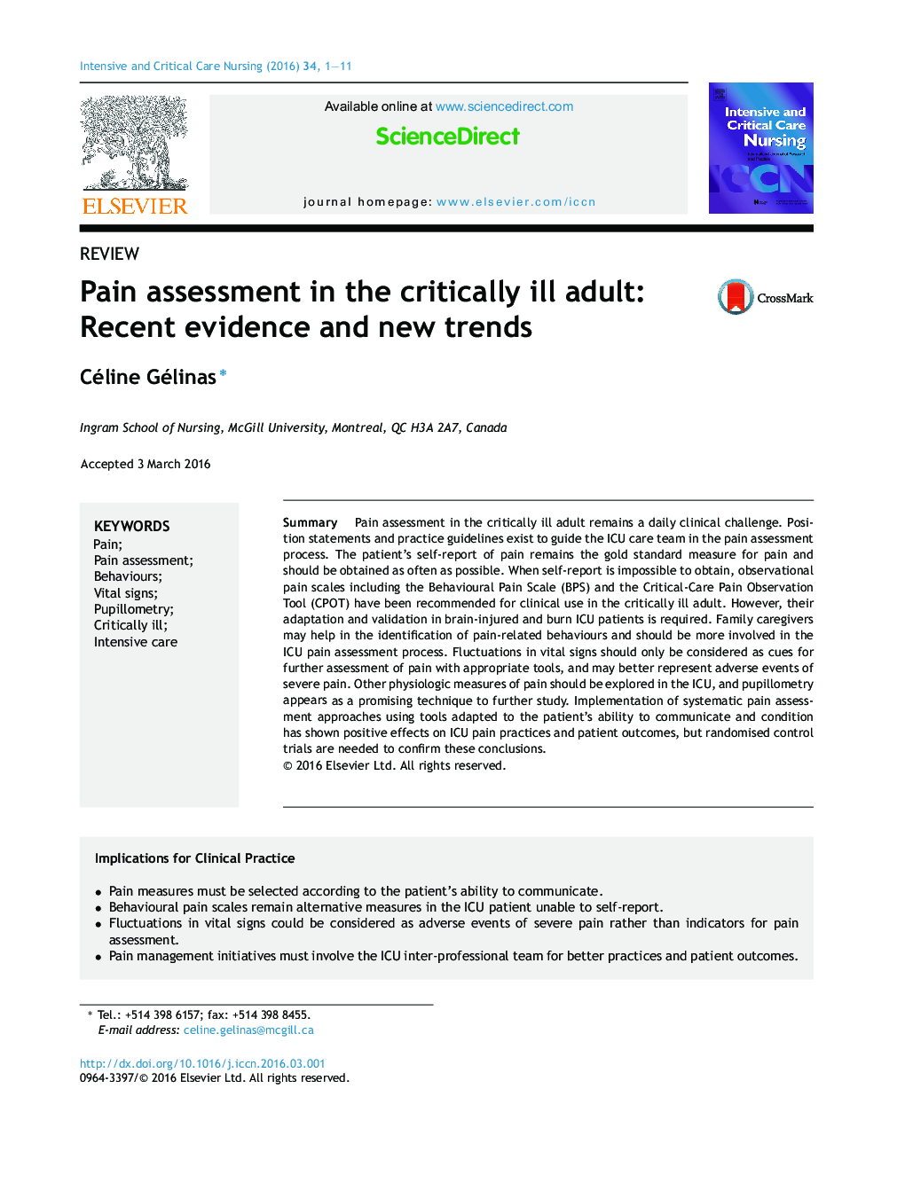 Pain assessment in the critically ill adult: Recent evidence and new trends