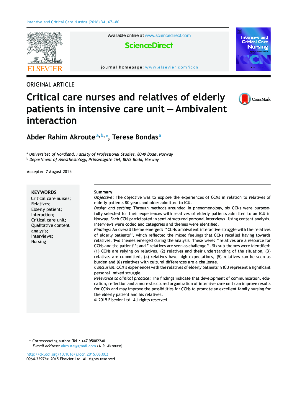 Critical care nurses and relatives of elderly patients in intensive care unit – Ambivalent interaction
