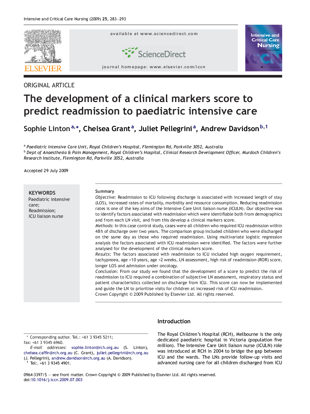 The development of a clinical markers score to predict readmission to paediatric intensive care