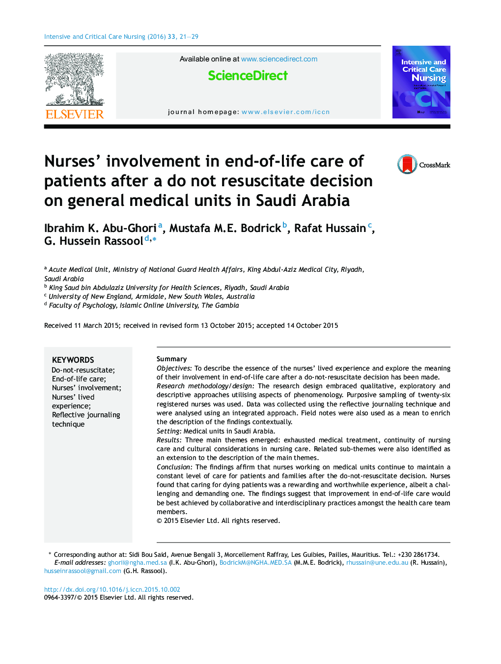 Nurses’ involvement in end-of-life care of patients after a do not resuscitate decision on general medical units in Saudi Arabia