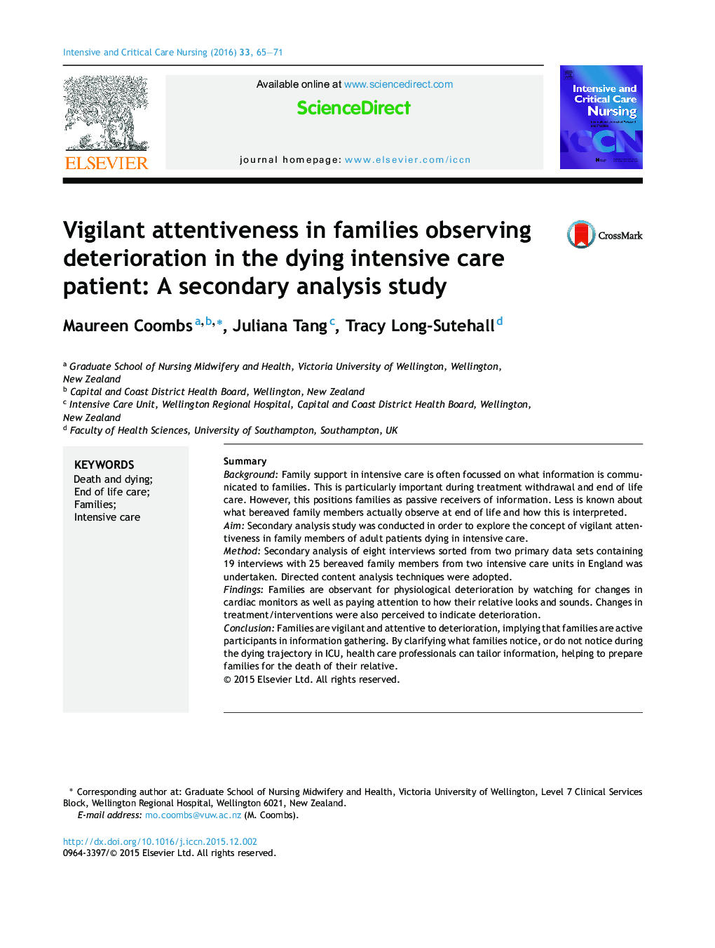 Vigilant attentiveness in families observing deterioration in the dying intensive care patient: A secondary analysis study